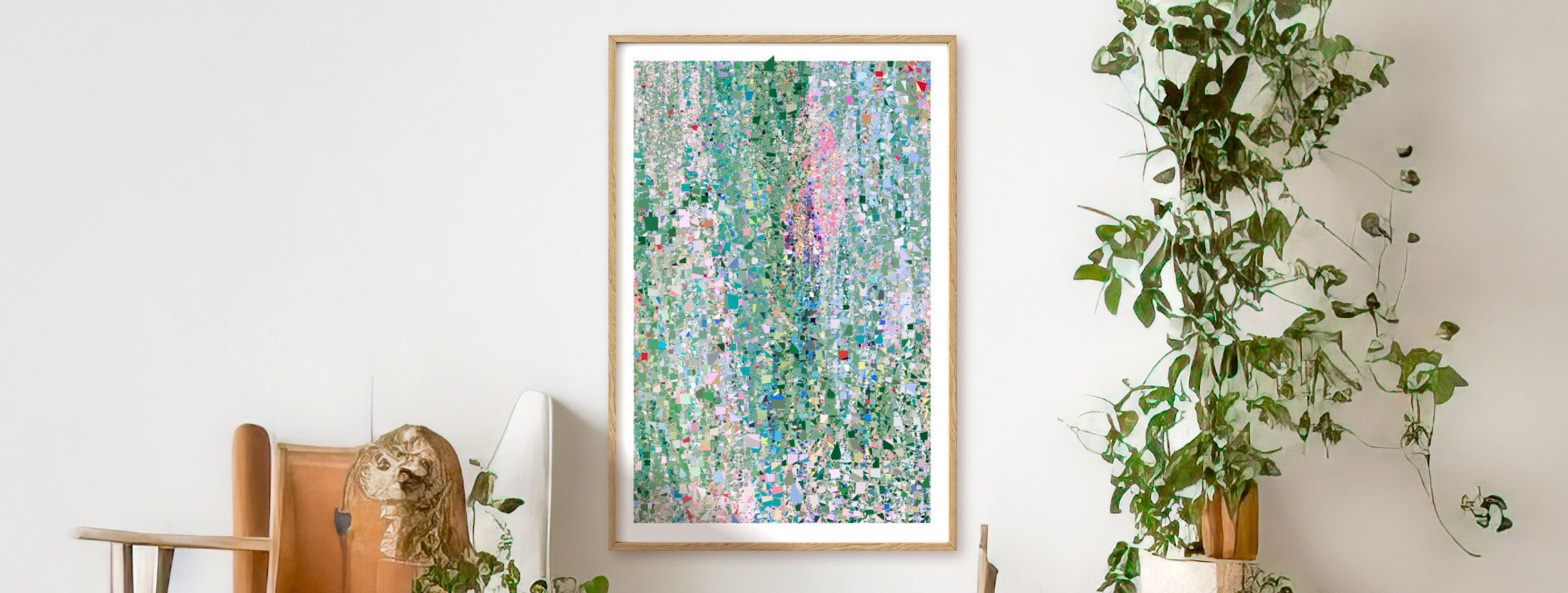 A framed wisteria print on a living room wall
